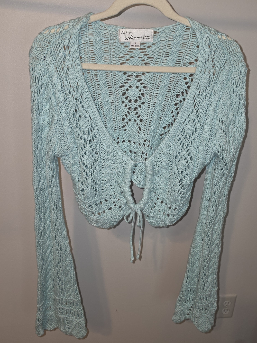 Vintage Havana Light Blue Crochet Tie-Front Shrug
